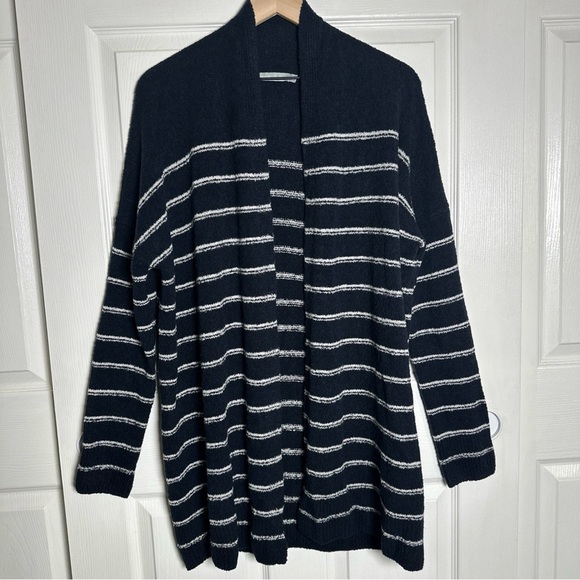 Vince Boucle Womens Black White Striped Cardigan Open Front Medium Coastal *Flaw - Picture 1 of 13